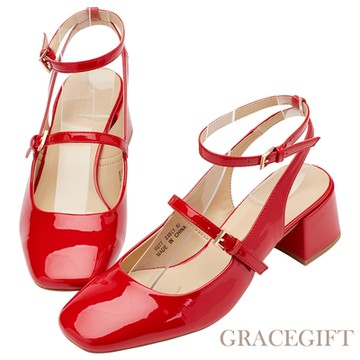 【Grace Gift】氣質方頭瑪莉珍繞踝後空跟鞋 正紅