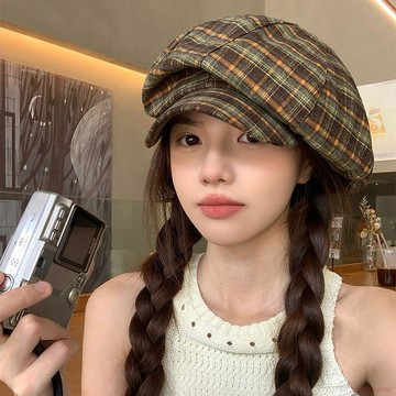桃園出貨🍂日系小衆設計格紋八角帽女夏薄款復古顯臉小云朵帽休閒百搭貝雷帽