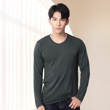 GIAT - 男款五夠暖吸濕發熱衣-圓領-灰藍條