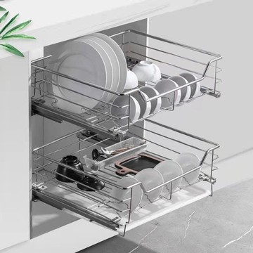 【廚房用品】廚房拉籃抽屜式櫥櫃置物架碗架雙層加厚304不鏽鋼碗籃收納瀝水架 廚房家用涼幹放碗抽屜消毒櫃內小型收納置物