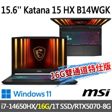 msi Katana 15 HX B14WGK-609TW(i7-14650HX/16G/1T SSD/RTX5070/-16G雙通道特仕版)