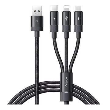 Mcdodo 麥多多 一分三充電線 Lightning/Type-C/安卓MicroUSB 3.5A快充 LED燈  1.2m  黑色  1個