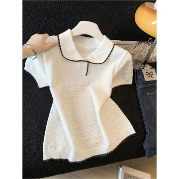 自留款推薦~復古鏤空娃娃領短袖針織衫女夏季新款溫柔風簡約上衣