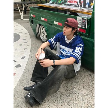 澤西風運動V領橄欖球衣短袖T恤男女夏季blokecore美式復古上衣服