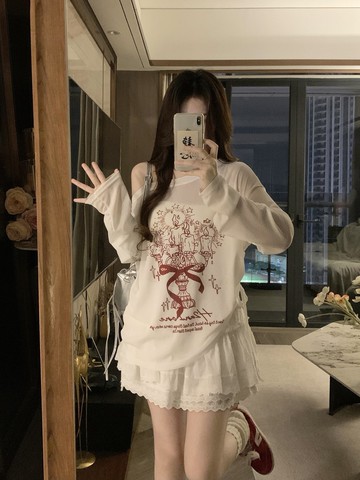 💕甜心大尺碼💕大尺碼套轉 甜辣妹涂鴉印花白色斜露肩長袖罩衫防曬衫+蛋糕裙套裝