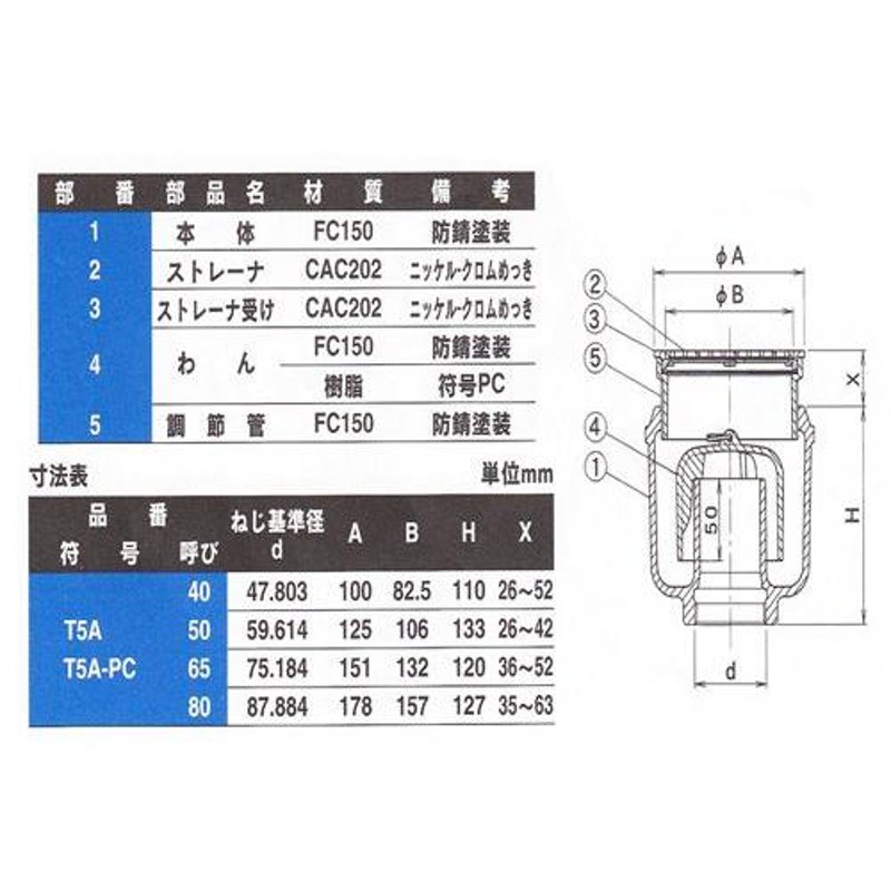 ダイドレ:床排水トラップ 非防水層用 型式:T5A-PC 50-