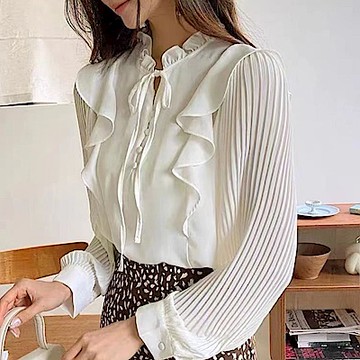 La Belleza日系立領荷葉滾邊繫帶包釦袖百摺雪紡上衣