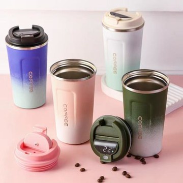 跨境智能測溫不銹鋼咖啡杯雙層真空保溫杯辦公馬克杯車載水杯批發