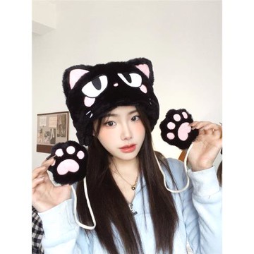 怪阿姨 動漫靈能茂夫貓耳帽子女秋冬毛絨保暖可愛貓爪套頭護耳帽