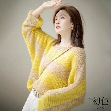 初色 慵懶風圓領寬條紋長袖鏤空透膚針織衫上衣女上衣-黃色-11003(F可選/現貨+預購)