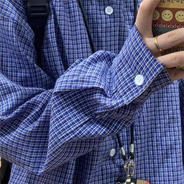 美式復古寬松經典藍色格子長袖襯衫男女百搭休閑翻領格子襯衣潮