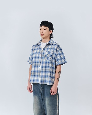 男裝 經典格紋前單口袋短袖襯衫-藍M/L/XL