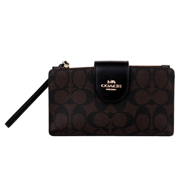 COACH-金馬車防刮logo皮革釦式掛帶手機中夾（深咖x黑）_廠商直送