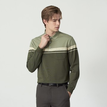 Pierre Cardin 男款 質感拼接條紋長袖POLO衫-綠色 (5255204-45)