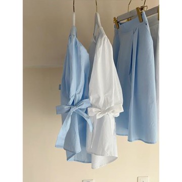 韓版短袖系帶蝴蝶結襯衫女夏季2025年新款設計感小眾氣質洋氣上衣