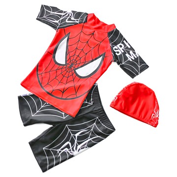 愛北鼻 男童蜘蛛人泳衣 上衣 + 泳褲 + 泳帽  M  紅色
