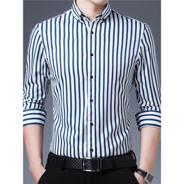 2026新款條紋襯衫男長袖青年商務休閑職業裝修身免燙白色格紋襯衣