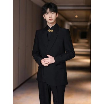 啄木鳥中山裝西服男新中式西裝套裝新郎結婚禮服主持寬松訂婚唐裝