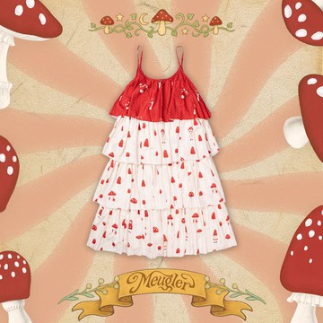 Meugler牛稠島童話劇場 紅蘑菇小人印花多層吊帶裙蛋糕背心裙