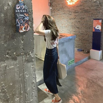 【PING'S🌞】深藍色牛仔半身裙女春秋大碼顯瘦包臀裙梨形身材胖mm開叉a字長裙
