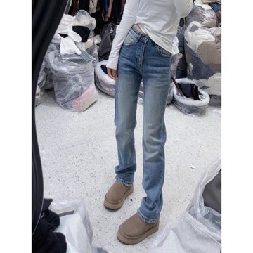 (免運)美式風窄款闊腿牛仔褲2025年秋冬新款加絨加厚高腰直筒藍色褲子女