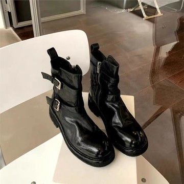 馬皮版~真皮水洗縮紋厚底短靴女秋冬新款皮帶扣瘦瘦靴機車馬丁靴