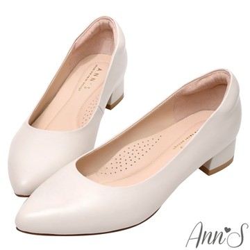 Ann’S高個子女孩&跟鞋初學者-素面頂級綿羊皮低跟包鞋3cm-米白(偏小版型)