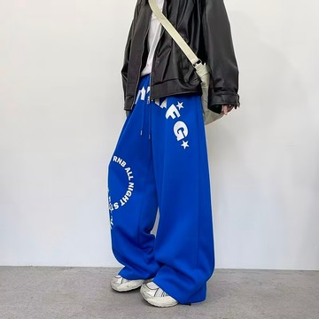 𝒚𝒐𝒖𝒓® 𝒔𝒕𝒖𝒅𝒊𝒐| S-2XL 藍/灰 純棉 美式 街頭風 複古 印花 運動 抽繩鬆緊 休閒 寬褲 K236