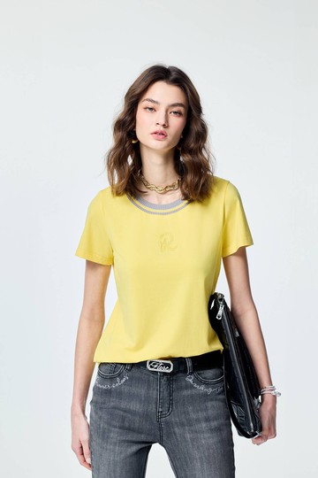 撞色羅紋領陽光黃Ｔ