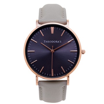 【THEODORA'S】Hera 簡約中性款真皮手錶[大錶面] 深藍面-真皮灰【希奧朵拉】