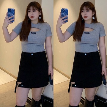 【Plump】 150kg內可穿/鏤空短版上衣/素色上衣/心機性感T恤/短袖上衣/夏天衣服/大尺碼女裝