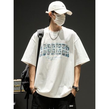 t恤男夏季新款潮流小眾設計感印花寬松半袖上衣重磅280g純棉短袖