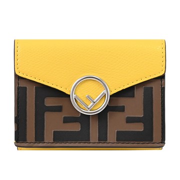 FENDI 8M0395 品牌FF LOGO撞色款三折小短夾.深咖/黃