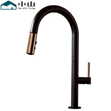 【小山】北歐黃銅抽拉式廚房冷熱水洗菜盆水槽防濺烤黑金色水龍頭