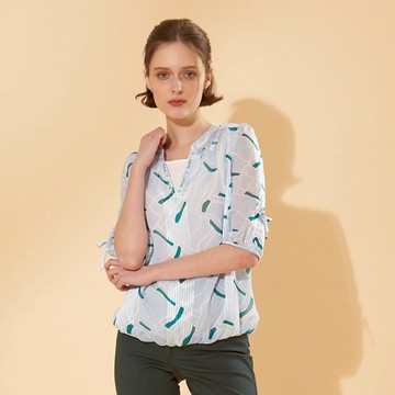 CLL巧玲瓏 彩帶印花五分袖雪紡上衣 2033606