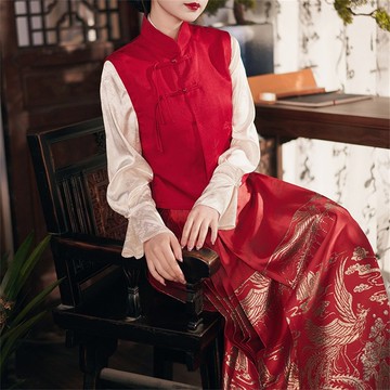 新年紅色 改良漢服國風氣質襯衫 馬甲 馬面裙三件套