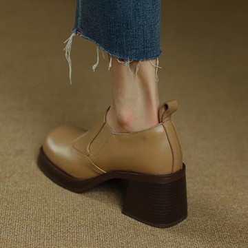 rubywu深口單鞋女2022年新款粗跟圓頭高跟鞋厚底樂福鞋英倫風女鞋