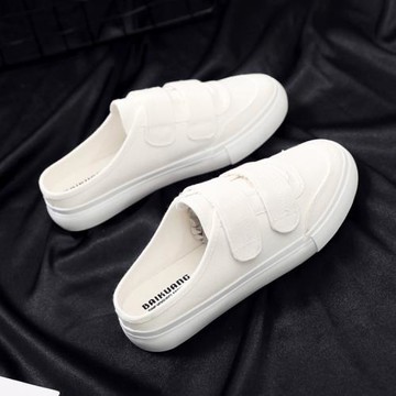 2025春季新款平底一腳蹬懶人鞋女韓版百搭魔術貼帆布鞋無后跟半拖