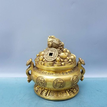 純銅金蟾如意聚寶盆擺件四方納財如意有魚聚寶盆擺設店鋪開業禮品