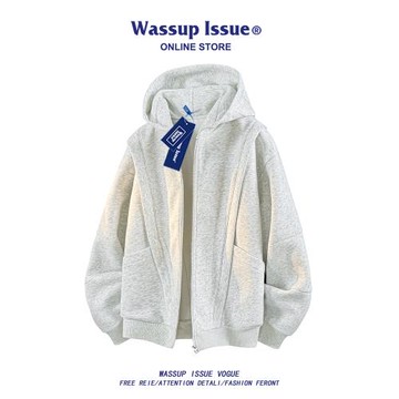 WASSUP ISSUE重磅連帽加絨衛衣男款春秋季美式寬松情侶開衫外套男