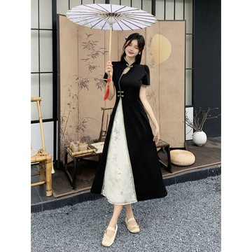 M-4XL 知江南 高級感旗袍連身裙 旗袍洋裝 大尺碼洋裝 A字裙 收腰顯瘦連身裙 夏天洋裝 短袖洋裝 旗袍裙