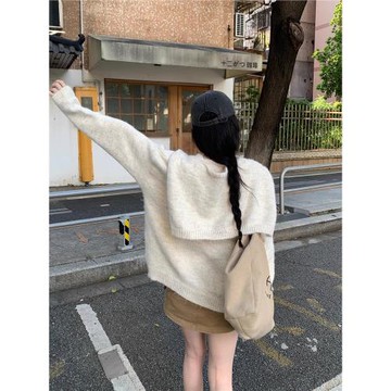 韓系慵懶風寬松V領披肩長袖針織毛衣女秋冬季軟糯內搭打底衫上衣