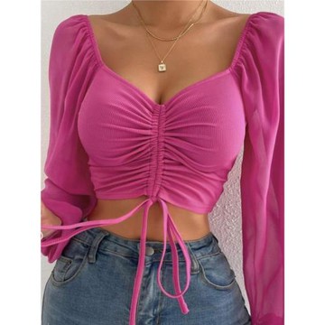 Women's T-shirt2023秋季歐美新品性感修身雪紡抽繩系帶長袖打底