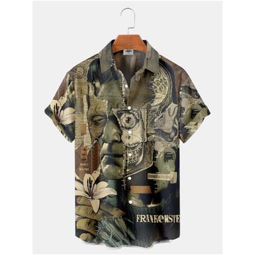 Printed lapel short sleeve loose shirt印花翻領短袖寬松襯衫男