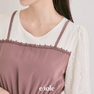 假兩件袖蕾絲織帶蛋糕洋裝-紫