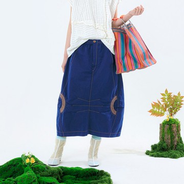 半環裝飾羅紋棉麻休閒裙