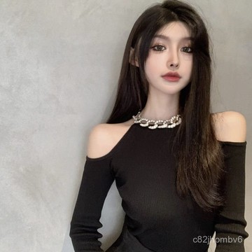 2024上衣秋冬季感洋氣高級感掛脖露肩打底衫內搭毛衣女針織衫法式氛圍 韓國女裝 透膚 內搭衣 氣質女裝 芭蕾風 女上衣