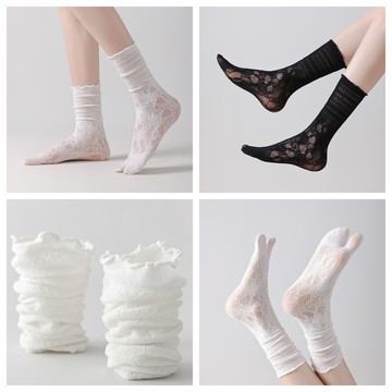 左右襪業 蕾絲镂空木耳邊二趾襪中筒分趾堆堆襪ins潮分指襪女襪夏季薄款日系長筒防臭網眼透氣襪jk純欲黑白色二指襪現貨精品