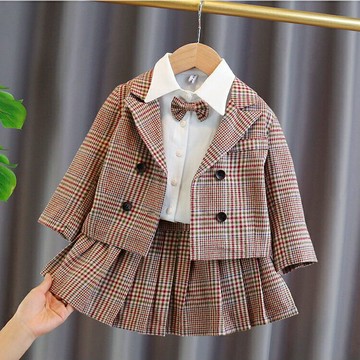 女童西裝三件套裝春秋女寶寶嬰兒童春裝格子衣服嬰幼兒服【聚物優品】