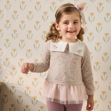 PIPPY 精緻繡花方領浪漫印花上衣 粉-110-120